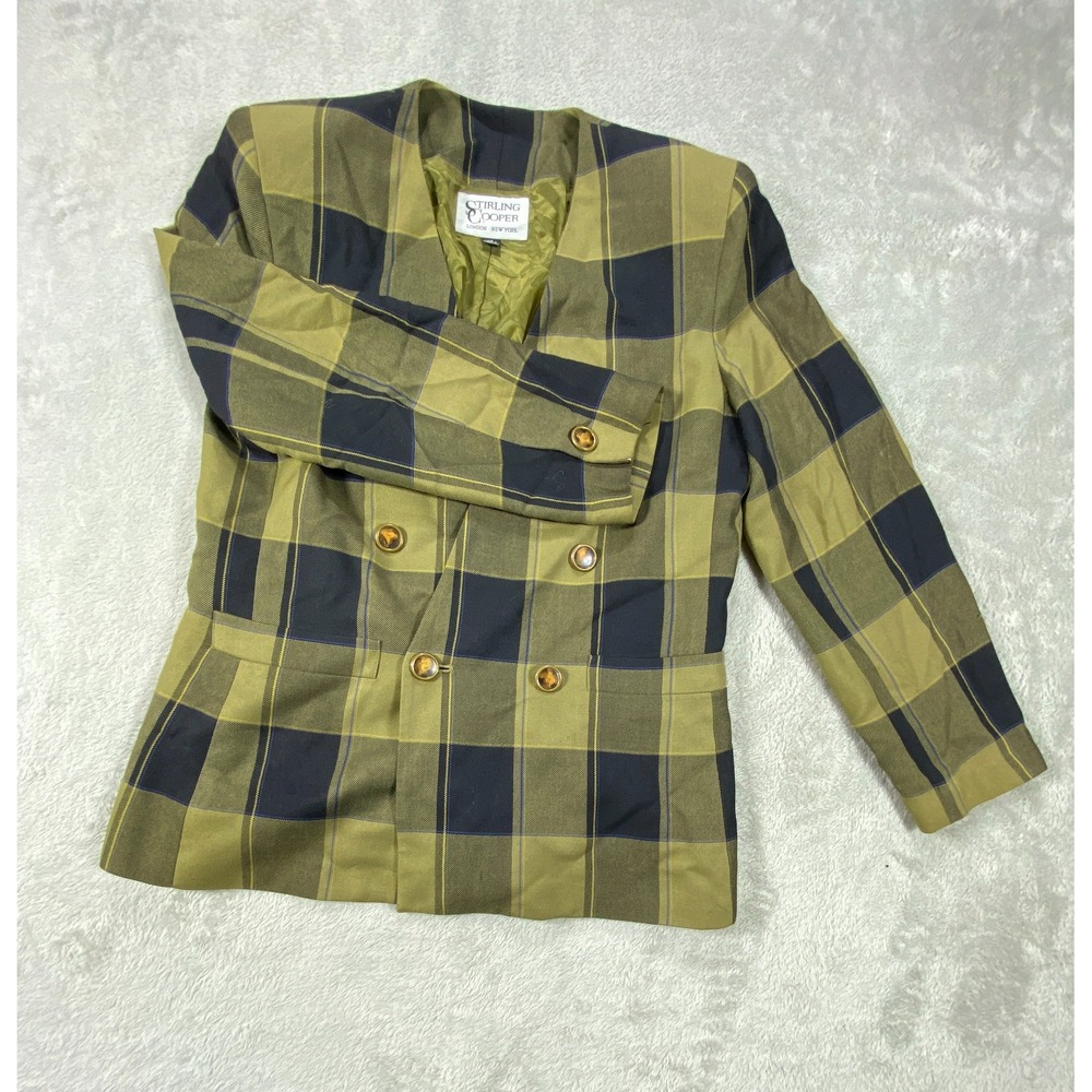 Stirling‎ Cooper Blazer Womens 10 Olive Green Black Plaid Rayon Double Breasted